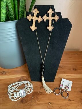 Gold Cross Pendant Earrings & Tassel Necklace Set - Pink Accent